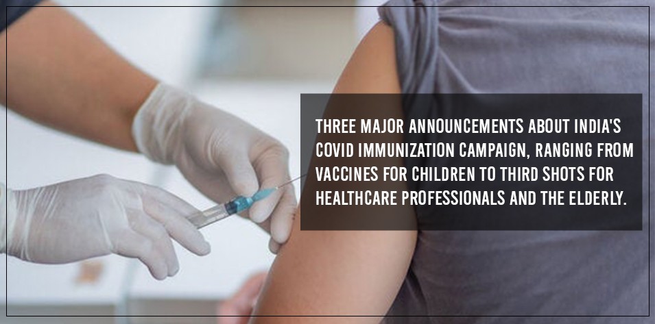 Three major announcements about India's COVID immunization campaign, ranging from vaccines for children to third shots for healthcare professionals 
